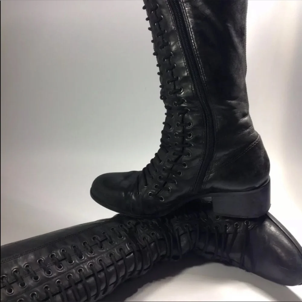 Black leather triple lace up knee high boots cyber punk combat gothic vintage - Picture 4 of 6